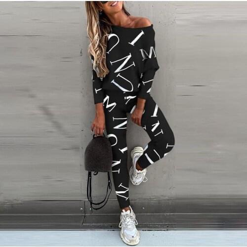 Womens Letter Printed Tracksuit Long Sleeve Round Neck T-Shirt Top High Waist Casual Pants Ladies Sports Daily Wear Outfits