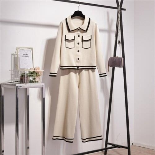 Spring Autumn Long Sleeve Knit Set Women Elegant Hit Color Turn-down Collar Pockets Sweater Top And Wide Leg Pants Two Piece Set