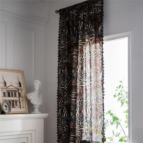 1.5M Width Bohemian Leopard Geometric Print Curtain Living Room Study Cotton Linen Semi-blackout Curtain