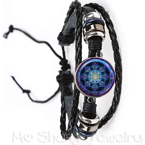 2018 Life Bracelet Fashion OM Yoga Chakra Mandala Glass Jewels Sacred Geometric Purple Flower Black/Brown 2 Color Leather Cords