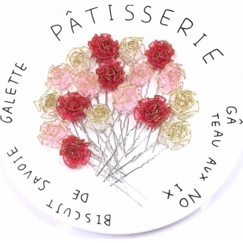 6 Pcs Fashion U Shape Rose Emulation Flower Hair Fork Pink Flower Hair Pin Sticks For Women Wedding Bridal Accessories Jewelry