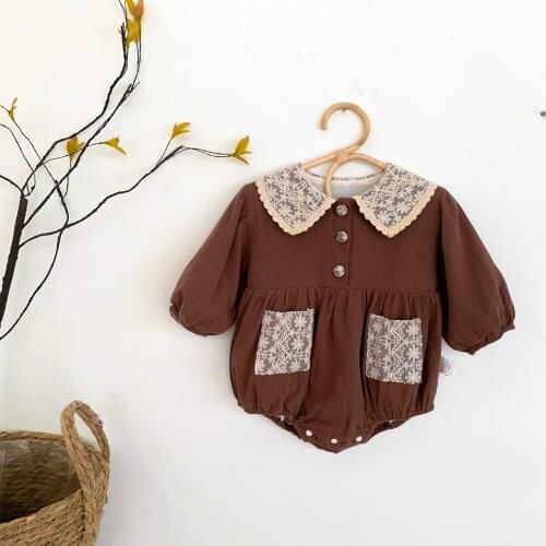 8867 Baby Autumn Korean Brown Long Sleeve Khaki Girl Baby Lace Collar Romper Princess Outfits One-piece