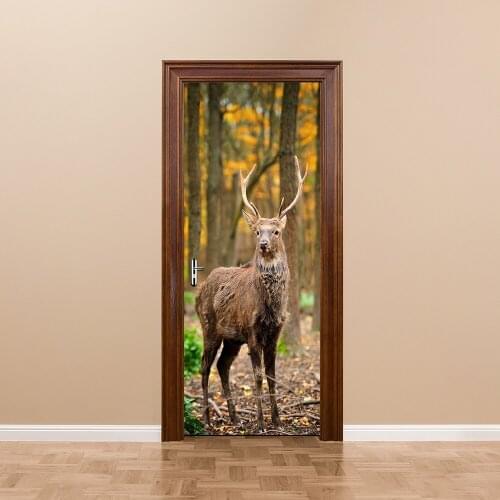 DIY 3D Forest Deer Door Sticker Wallpaper Wall Stickers DIY Mural Bedroom Home Decor Poster PVC Waterproof Decal