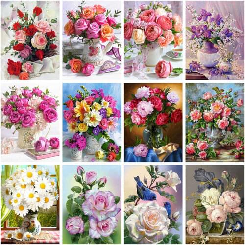 Huacan 5D DIY Diamond Painting Flowers Full Square Diamond Embroidery Vase Mosaic Art Kit Home Decor