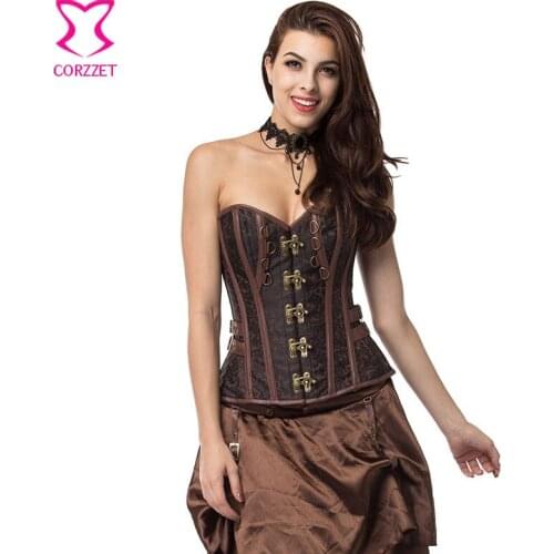Vintage Brown Brocade Steel Boned Overbust Corset Steampunk Clothing Korsett For Women Plus Size Corsets And Bustiers 3XL