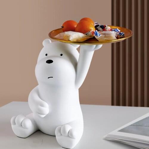 Cute White Baby Bear Figurine w/tray For Candy Keys Storage Resin Statue Home Living Room Decoration Decorative Figures