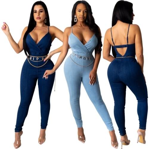 Adogirl Fashion Women Denim Jumpsuits Sexy Spaghetti Strap V-Neck Backless Rompers Long Jeans Rompers Bandage One Piece Outfits