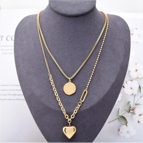 New Fashion Wome Multilayer Personality Stainless Steel Gold Silver Color Coin Letter Luck Pendant Double Chain Choker Necklace