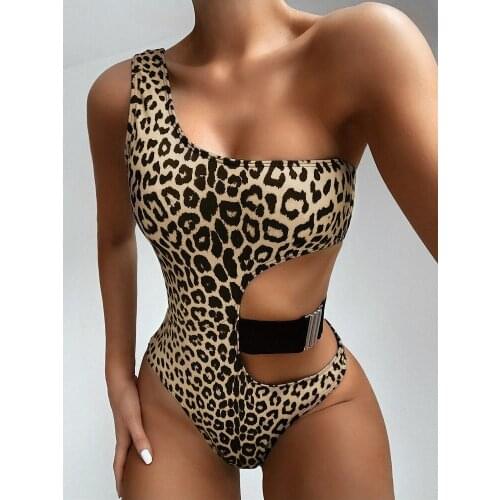 New Sexy Leopard Print One Shoulder One Piece Swimsuit Swimwear Women 2021 Monokini Stroje K Pielowe Damskie