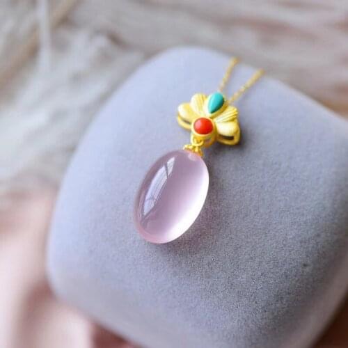 Natural powder crystal necklace, large particle hibiscus. Clean color,925silver