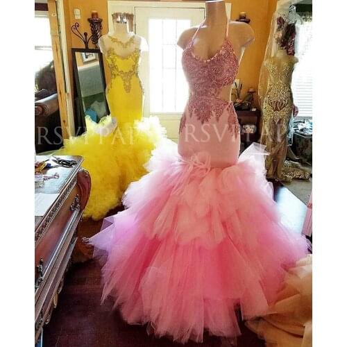 Real Picture Prom Dresses 2021 Mermaid Style Halter African Black Girl Pink Ruffles Backless Women Prom Dress