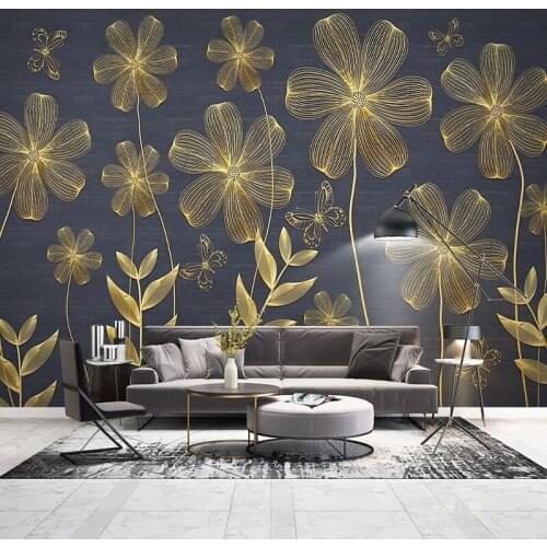 Custom Mural Wallpaper Modern Light Luxury 3D Golden Embossed Line Flower Wall Painting Nordic Living Room Background Wall Paper