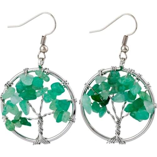 TUMBEELLUWA Green Aventurine Chips Stones Tree of Life Dangle Hook Earrings,Handmade Wire Wrapped Jewelry for Women