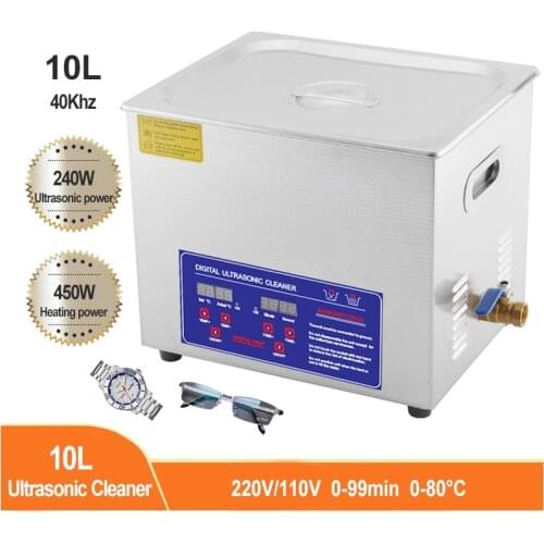 10L 240W Ultrasonic Cleaner Digital Timer Stainless Bath Oil Rust Remove For Denture Watches Glasses