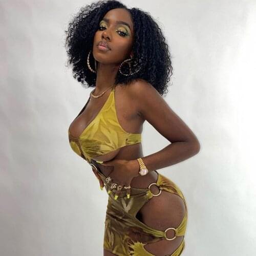 Wsevypo Sexy Leaves Print Halter Lace Up Bodycon Dress Women Ladies Backless Short Dress Party Club Side Ring Hollow Out Sheath