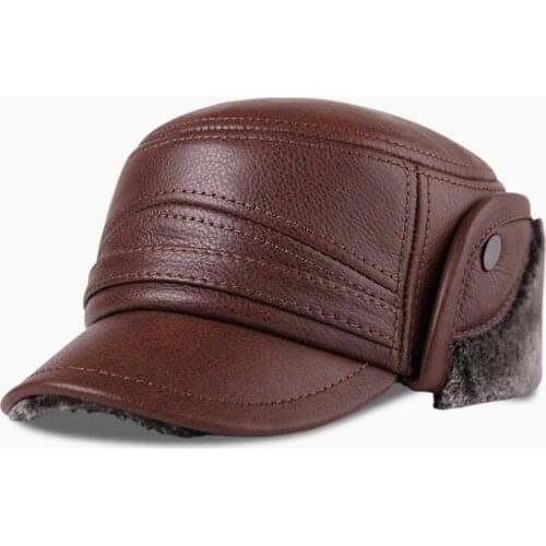 XdanqinX Winter Mens Cap Genuine Leather Hat Plus Velvet Thick Warm Baseball Cap With Earmuffs Cowhide Leather Warm Hat For Men