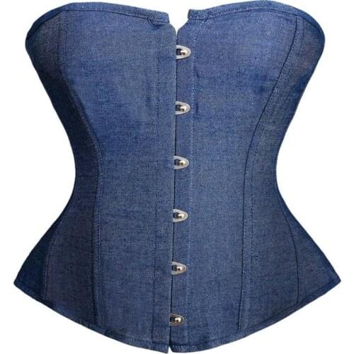 Palace Simple Blue Denim Overbust Corset Ladies Gothic Body Sculpting Tops S-6XL