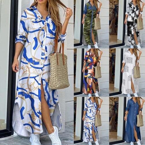 Women Button Down Long Shirt Dress Summer Chain Print Lapel Neck Party Dress Casual Long Sleeve Maxi Beach Dress Vestido