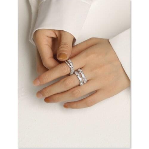 Brass Plated Platinum Shiny Zircon Double-Layer Resizable Fashion Elegant Wedding Engagement Ring Jewelry for Women Gift New