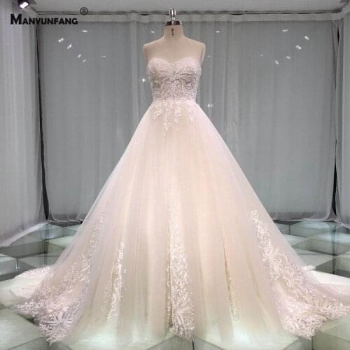 100% Real Strapless Embroidery Appliques Tulle Chapel Train Bridal Ball Gown High-End Lace Up Back Sleeveless Wedding Dress