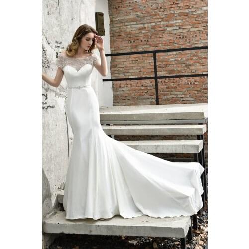 2020 robe de mariee Lace Satin Mermaid Wedding Dress Sexy Illusion Boat Neck Bride Dresses vestido de noiva