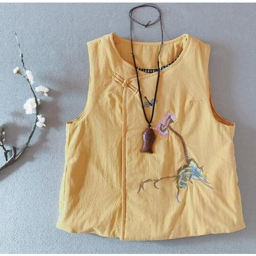 Winter New 2021 Vest Cotton Linen Buckle Embroidered Warm Sleeveless O Neck Cotton Padded Cardigan Female Coat YoYiKamomo