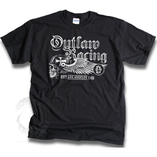 2019 Fashion Hot sale 100% cotton Outlaw Racings Los Angeles 1968 Skull Wings Mens Black Biker T Shirt Sm -3XL Tee shirt