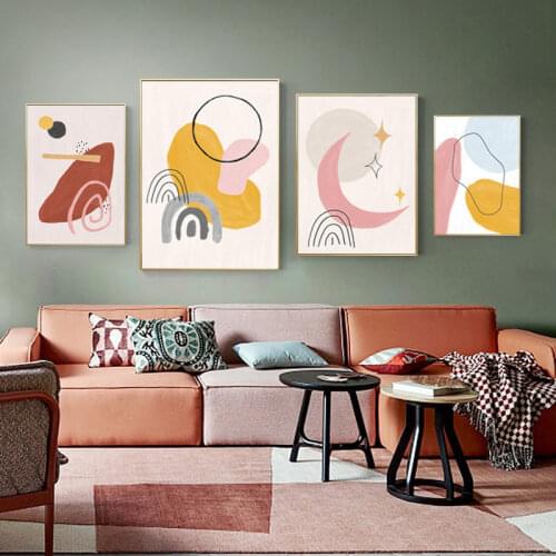 Abstract Color Block Line Sun and Moon Wall Art Canvas Painting Leaves Poster and Print Wall Picture for Living Room Home Decor