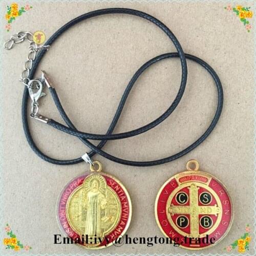 Freeship wholesale Saint benedict pendant with wax cord,religious rosary necklace , catholic rosary necklace with epoxy