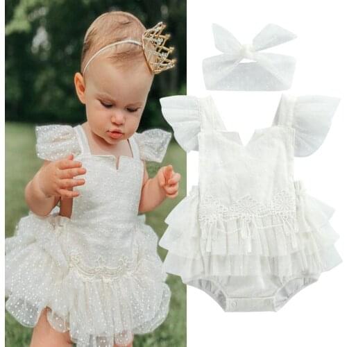 Sweety Baby Girls Backless Bodysuits Outfit Summer Baby Lace Splicing Fly Sleeve Backless Romper Bow Headwear