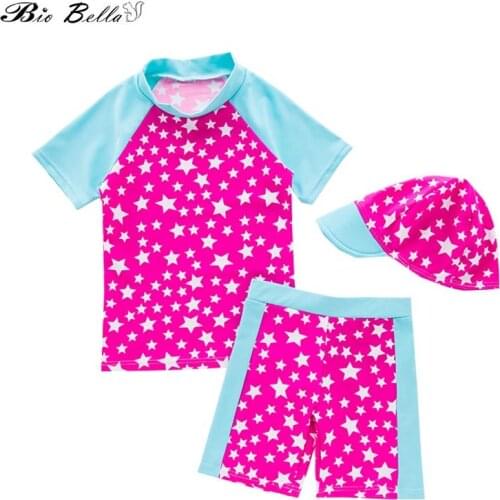 Children Girls Swimsuit Fashion Lovely Cute Kids Girl Swimwear Set Tops+Cap+Pants 3Pcs Kids Girl Bathwear Children Girl Swimming