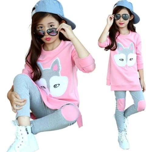 Baby Girl Pink Orange Two-piece Children Cartoon Fox Head Butterfly Clothes Suit Female Winter Casual Pants 4-14 Years Old Suit