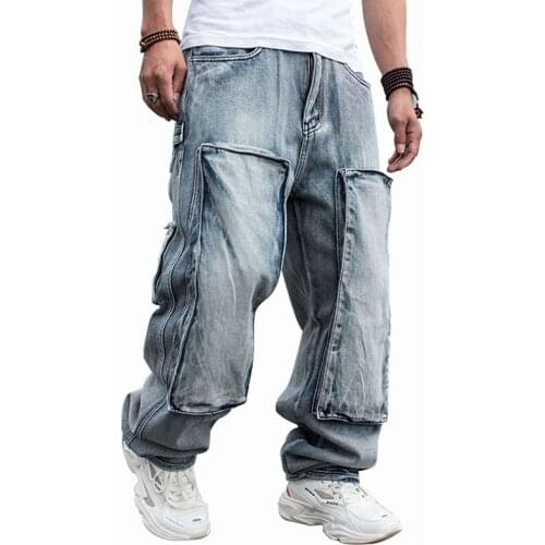 Spring Loose Jeans Men Denim Pants Multi Pocket Straight Baggy Casual Streetwear Hip Hop Blue Wide Leg Trousers Large Size 46
