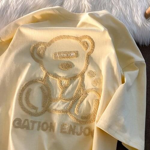 Bear Embroidered Short-sleeved T-shirt Harajuku Style Summer Top Design Loose Niche Female Half-sleeved Woman Tshirts