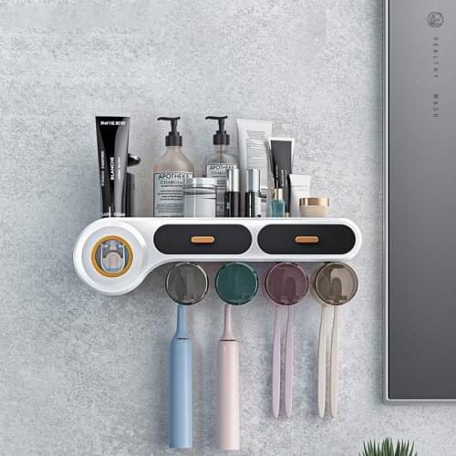 Multifunctional Toothbrush Holder Wall-mounted Toothbrush Storage Rack Plastic Toothpaste Squeeze Dispenser Bathroom Accessories