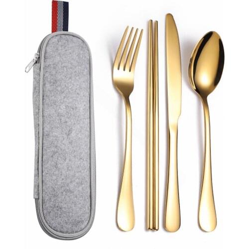 Camping Tableware Cutlery Set for Travel Fork Spoon Knife Cutlery Set Bag Gold Dinnerware Set Chinese Chopsticks Dropshipping