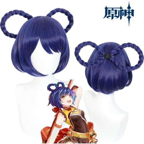 Game Genshin Impact Xiangling Cosplay Wig Dark Blue 30cm short Hair Heat Resistant Synthetic Wig Headwear Free Wig Cap Halloween