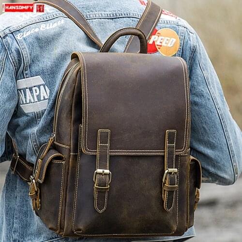 Casual Leather Mens Backpack Shoulder laptop Bag men Travel backpacks Retro Crazy Horse Leather Computer Bag school bags