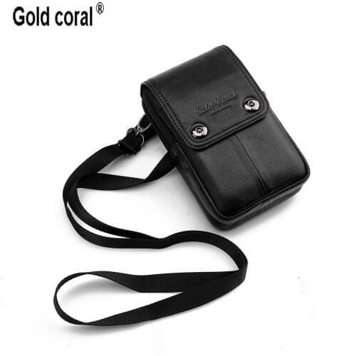 GOLD CORAL Genuine Leather Mens Belt Waist Bag Flip Phone Pouch Mini Men Shoulder Bags Casual Travel Phone Case Male Fanny Pack
