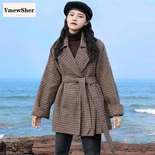 VmewSher New Stylish Winter Women Woolen Coat with Belt Long Jacket Warm Thick Plaid Outwear Notched Collar Elegant Overcoat