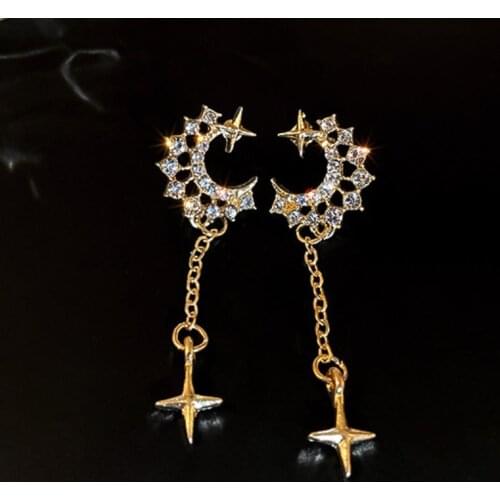 VSnow Bling Bling Fairy Moon Star Rhinestones Dangle Earring for Women Girls Hollow Long Tassel Metal Earring Jewelry Pendientes