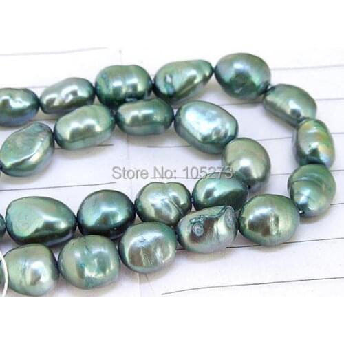 Pearl Jewelry One Full Strand Luster Flat Rice Pure Dark Green Freshwater Pearl 8mm-10mm About 15.5inch Strand