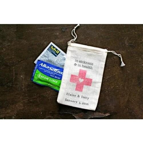 Customize wedding Bachelorette In Sickness and In Health Jewelry welcome gift Bags Drawstring muslin candy pouches