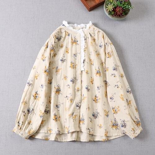 2021 New Spring Women Blouse Japan Style Mori Girl Floral Print Shirt Double Cotton Yarn Lace Stand Collar Women Tops