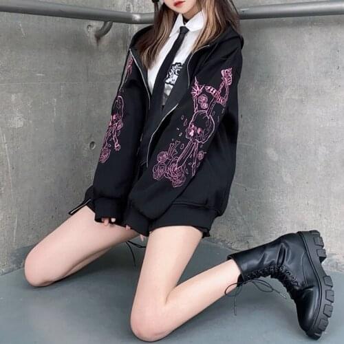 Hot Sale Winter Women Jacket Coats Harajuku Goth Graphic Print Hooded Jacket Japanese Preppy Style Long Sleeve Loose Zipper Coat