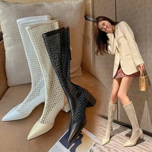 Women 's Summer Boots 2021 Thick Heel Hollow Mesh Sand Boots Pointed Toe Sexy Sandals Long Sandals Fashion