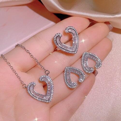 Unique Hearts Shape Austrian Crystal Zircon Diamonds Gemstones Jewelry Sets for Women 18k White Gold Color Pendants Rings Gifts