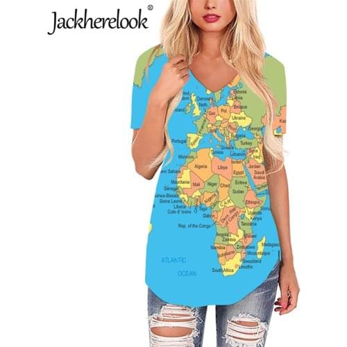 Jackherelook Large Size Woman Blouse 3D World Map Printing Casual Short Sleeve Tops Ladies Shirts Summer V-neck Female Clothing