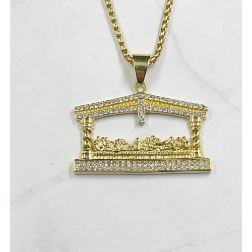Mens rhinestone Jesus Head Gold color Pendant Necklace Fashion The Last Supper Hip Hop Necklace