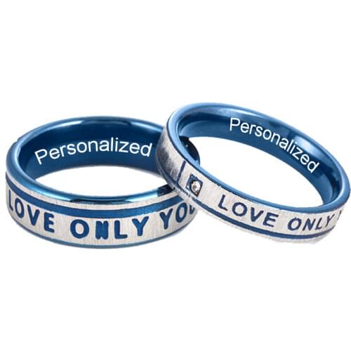 Promise Rings Love Only You Engraved Couple Rings Blue Matching Rings Engagement Wedding Bands Valentine Gift Stainless Steel